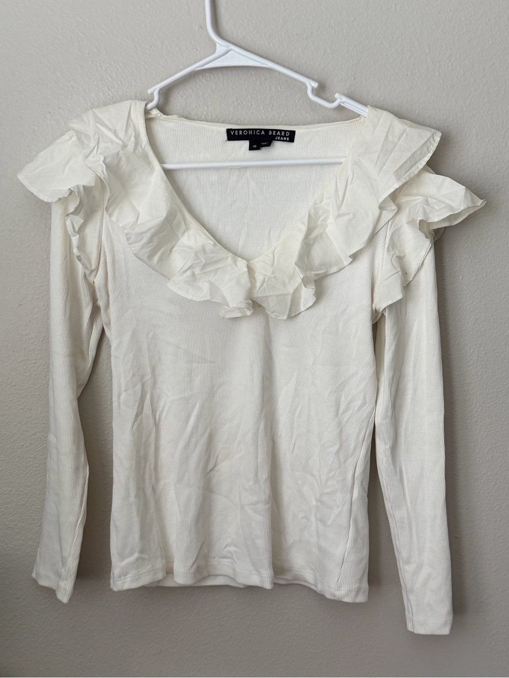 Veronica Beard Strata Ruffle V-Neck Top White Long Sleeve Blouse XS quiet luxe - Picture 3 of 6